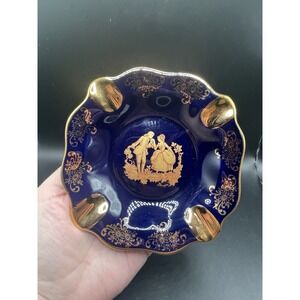Vintage Limoges CASTEL France Gold Cobalt Blue Ashtray w/ Courting Scene